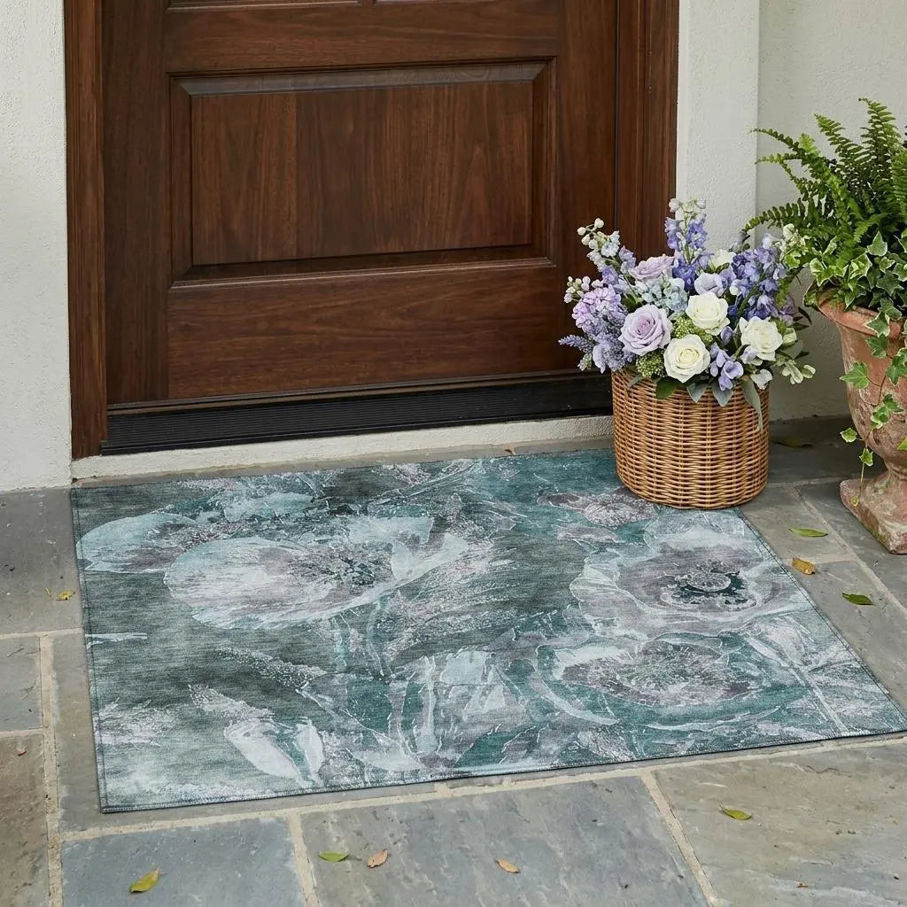 3' X 5' Teal Blue And Graphite Floral Washable Indoor Outdoor Area Rug Homeroots Outdoor